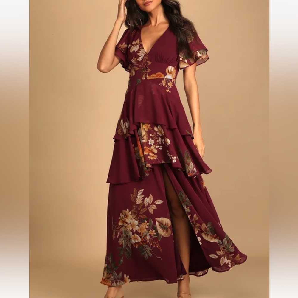 NWT- Midnight Mood Burgundy Floral Print Tiered Maxi Dress